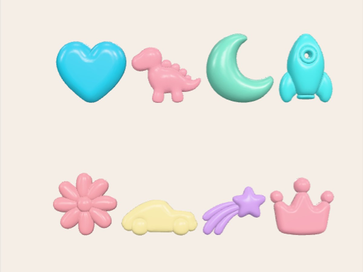 Figuras bubble impresas en 3D: corazón, dino, luna y cohete